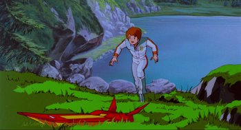 Movie still from “The Transformers: The Movie” (1986), directed by Nelson Shin – A scene from the animated film , space ace; Wide shot, High angle