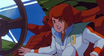 Movie still from “The Transformers: The Movie” (1986), directed by Nelson Shin – A cartoon character with a helmet on; Medium shot, Low angle