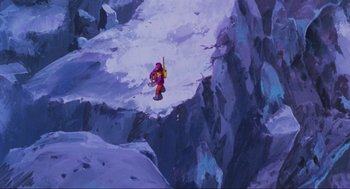 Movie still from “The Transformers: The Movie” (1986), directed by Nelson Shin – A person on a snow board in the snow; Extreme Wide shot, Low angle