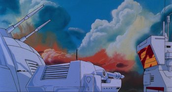 Movie still from “The Transformers: The Movie” (1986), directed by Nelson Shin – A painting of a ship in the sky with clouds in the background; Extreme Wide shot, Low angle