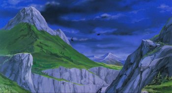 Movie still from “The Transformers: The Movie” (1986), directed by Nelson Shin – A painting of a mountain with a sky background; Extreme Wide shot, High angle