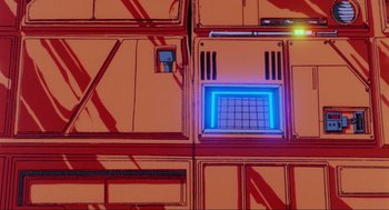 Movie still from “The Transformers: The Movie” (1986), directed by Nelson Shin – A computer screen with a blue light on top of it; Extreme Close Up shot, Low angle