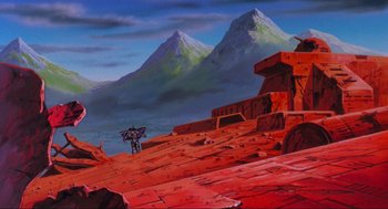 Movie still from “The Transformers: The Movie” (1986), directed by Nelson Shin – A painting of a mountain with a cross on top of it; Extreme Wide shot, High angle