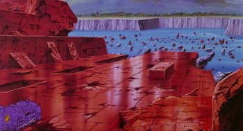 Movie still from “The Transformers: The Movie” (1986), directed by Nelson Shin – An oil painting of a large body of water; Extreme Wide shot, High angle