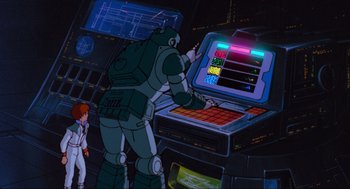 Movie still from “The Transformers: The Movie” (1986), directed by Nelson Shin – An animated scene of a man and a woman in a space station; Medium shot, Low angle