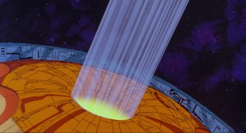 Movie still from “The Transformers: The Movie” (1986), directed by Nelson Shin – View of a large object in space; Extreme Wide shot, Low angle