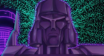 Movie still from “The Transformers: The Movie” (1986), directed by Nelson Shin – An animated picture of a purple robot with a green background; Extreme Wide shot, Low angle