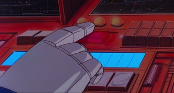 Movie still from “The Transformers: The Movie” (1986), directed by Nelson Shin – An animated hand pointing at a computer screen; Extreme Close Up shot, High angle