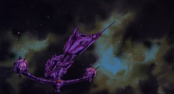 Movie still from “The Transformers: The Movie” (1986), directed by Nelson Shin – An image of a space ship flying in the night sky; Extreme Wide shot, Low angle