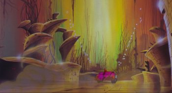Movie still from “The Transformers: The Movie” (1986), directed by Nelson Shin – A painting of a scene with a pink violin; Extreme Wide shot, Low angle