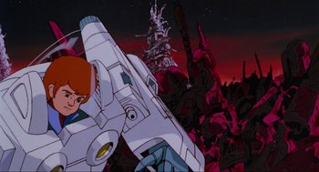 Movie still from “The Transformers: The Movie” (1986), directed by Nelson Shin – A scene from the animated film space battleship yamato; Medium shot, Low angle