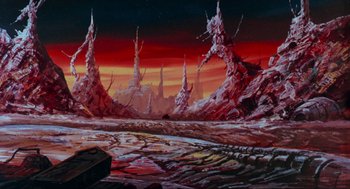 Movie still from “The Transformers: The Movie” (1986), directed by Nelson Shin – An oil painting of an alien landscape at sunset; Extreme Wide shot, High angle