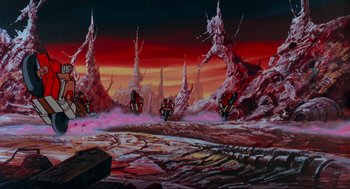 Movie still from “The Transformers: The Movie” (1986), directed by Nelson Shin – An oil painting of a group of people riding motorcycles; Extreme Wide shot, Low angle