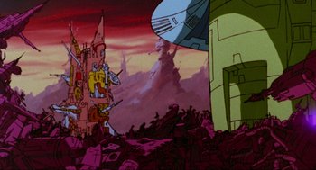 Movie still from “The Transformers: The Movie” (1986), directed by Nelson Shin – A painting of a castle and a tower in the background; Extreme Wide shot, Low angle