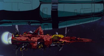 Movie still from “The Transformers: The Movie” (1986), directed by Nelson Shin – An image of an animated space ship in the space; Extreme Wide shot, Low angle
