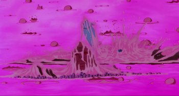 Movie still from “The Transformers: The Movie” (1986), directed by Nelson Shin – An artistic painting of a pink landscape with rocks and water; Extreme Wide shot, High angle