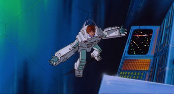 Movie still from “The Transformers: The Movie” (1986), directed by Nelson Shin – An animated scene of a boy in a space suit flying in a space ship; Wide shot, Low angle