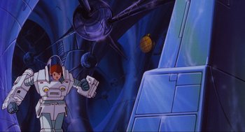 Movie still from “The Transformers: The Movie” (1986), directed by Nelson Shin – A scene from the animated movie; Wide shot, Low angle
