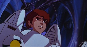 Movie still from “The Transformers: The Movie” (1986), directed by Nelson Shin – A young boy is looking at the camera in a cartoon; Close Up shot, Low angle