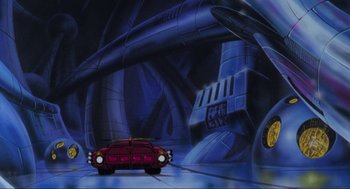 Movie still from “The Transformers: The Movie” (1986), directed by Nelson Shin – A car is parked in front of an alien tunnel; Extreme Wide shot, Low angle
