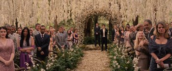 Movie still from “The Twilight Saga: Breaking Dawn - Part 1” (2011), directed by Bill Condon – A group of people standing in front of a forest; Wide shot, High angle