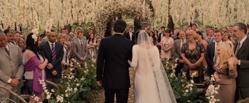 Movie still from “The Twilight Saga: Breaking Dawn - Part 1” (2011), directed by Bill Condon – A bride and groom walking down the aisle at their wedding; Wide shot, High angle