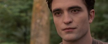 Movie still from “The Twilight Saga: Breaking Dawn - Part 1” (2011), directed by Bill Condon – A man's face in front of a tree; Close Up shot, Over the shoulder angle