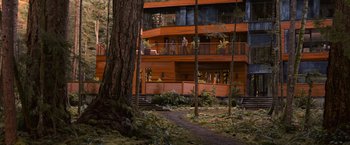 Movie still from “The Twilight Saga: Breaking Dawn - Part 1” (2011), directed by Bill Condon – A person standing in front of a building in the woods; Extreme Wide shot, Low angle