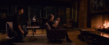 Movie still from “The Twilight Saga: Breaking Dawn - Part 1” (2011), directed by Bill Condon – A woman sitting in a chair holding a cat; Wide shot, High angle