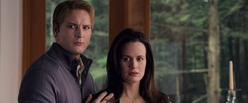 Movie still from “The Twilight Saga: Breaking Dawn - Part 1” (2011), directed by Bill Condon – A man and a woman standing next to each other in front of a window; Close Up shot, Low angle