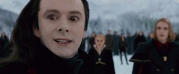 Movie still from “The Twilight Saga: Breaking Dawn - Part 2” (2012), directed by Bill Condon – A person's face in front of a crowd; Close Up shot, Over the shoulder angle