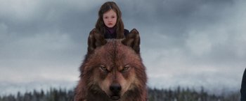 Movie still from “The Twilight Saga: Breaking Dawn - Part 2” (2012), directed by Bill Condon – A young girl sitting on the back of a large brown bear; Medium shot, Over the shoulder angle