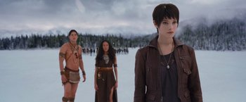 Movie still from “The Twilight Saga: Breaking Dawn - Part 2” (2012), directed by Bill Condon – A group of people standing in the middle of a snow covered field; Medium shot, Over the shoulder angle