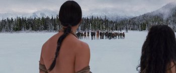 Movie still from “The Twilight Saga: Breaking Dawn - Part 2” (2012), directed by Bill Condon – A woman standing in front of a group of people; Extreme Wide shot, Over the shoulder angle