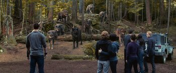Movie still from “The Twilight Saga: Eclipse” (2010), directed by David Slade – Two people are looking at a herd of wild animals; Wide shot, High angle