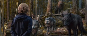 Movie still from “The Twilight Saga: Eclipse” (2010), directed by David Slade – A man standing in front of a group of wild animals; Wide shot, Over the shoulder angle