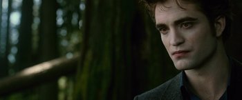 Movie still from “The Twilight Saga: New Moon” (2009), directed by Chris Weitz – A man's face in front of trees; Close Up shot, Over the shoulder angle