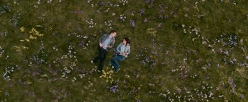 Movie still from “The Twilight Saga: New Moon” (2009), directed by Chris Weitz – Two people sitting on the ground in a field; Extreme Wide shot, Overhead angle