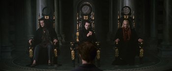 Movie still from “The Twilight Saga: New Moon” (2009), directed by Chris Weitz – A group of people sitting in a room; Wide shot, Over the shoulder angle