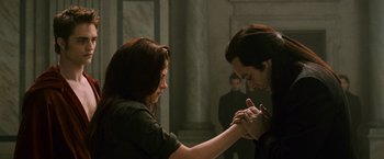 Movie still from “The Twilight Saga: New Moon” (2009), directed by Chris Weitz – A man and a woman holding hands in a room; Medium shot, Over the shoulder angle