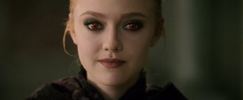 Movie still from “The Twilight Saga: New Moon” (2009), directed by Chris Weitz – A person with red eyes; Close Up shot, Over the shoulder angle
