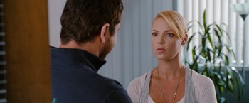 Movie still from “The Ugly Truth” (2009), directed by Robert Luketic – A man and a woman looking at one another in a mirror; Close Up shot, Over the shoulder angle