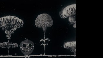 Movie still from “The Velvet Underground” (2021), directed by Todd Haynes – A black and white drawing of a plant and a tree; Extreme Wide shot, Low angle