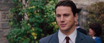 Movie still from “The Vow” (2012), directed by Michael Sucsy – A person wearing a suit and tie; Close Up shot, Over the shoulder angle
