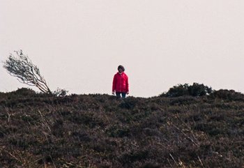 Movie still from “Enys Men” (2022), directed by Mark Jenkin – A person standing on top of a grass covered hill; Extreme Wide shot, Low angle