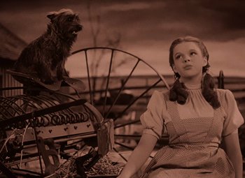 Movie still from “The Wizard of Oz” (1939), directed by Victor Fleming – A woman sitting next to a dog on a rocking chair; Medium shot, Low angle