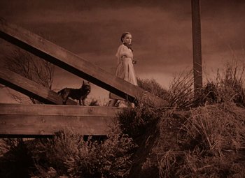 Movie still from “The Wizard of Oz” (1939), directed by Victor Fleming – A woman and a dog walking down a wooden bridge; Wide shot, Low angle