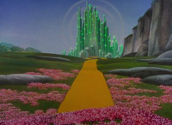 Movie still from “The Wizard of Oz” (1939), directed by Victor Fleming – A painting of a yellow brick road leading to a castle; Extreme Wide shot, Low angle