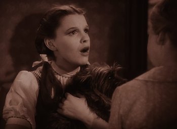 Movie still from “The Wizard of Oz” (1939), directed by Victor Fleming – A woman holding a dog in her arms; Close Up shot, Low angle