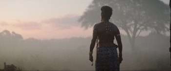Movie still from “The Woman King” (2022), directed by Gina Prince-Bythewood – A person in a dress is standing in the fog; Medium shot, Over the shoulder angle